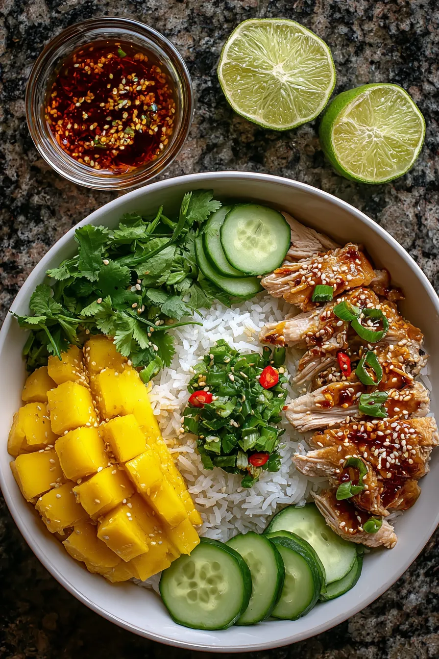 Chili Crisp Chicken Mango Cucumber Rice Bowl – OatsRecipes